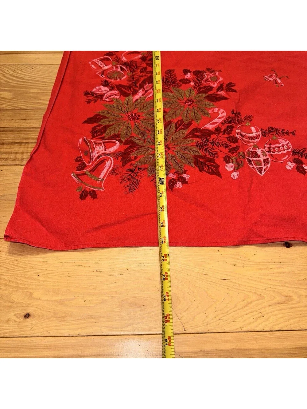 Vintage Red Christmas Tablecloth 76x50 Poinsettia Bells Ornaments Holiday Decor